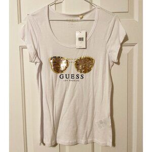 Guess White Graphic T-Shirt with gold/silver flip Sequin Sunglasses Design